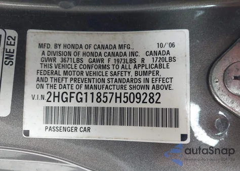 2007 Honda Civic Ex from USA, damaged, VIN 2HGFG11857H509282